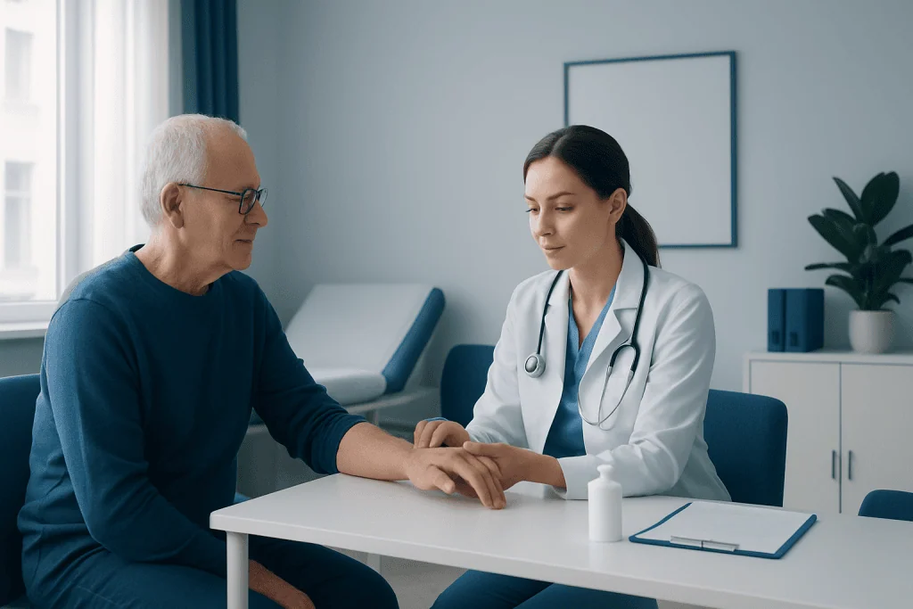 Doctor consulting with elderly patient in a modern hospital room.