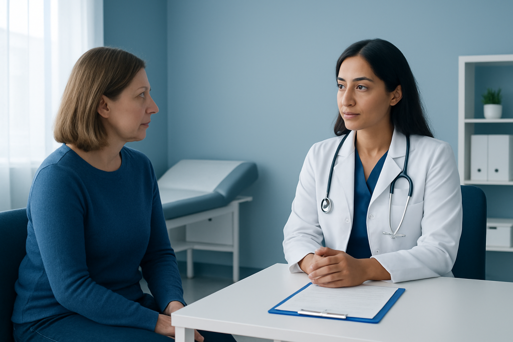 Doctor consulting with a female patient in a medical office.
