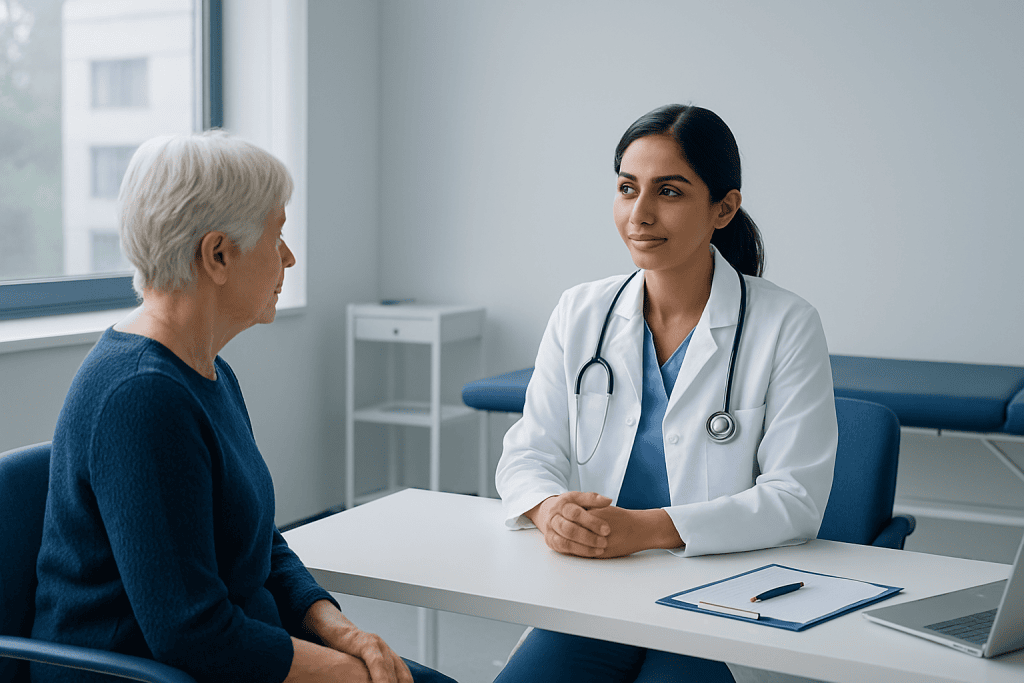 Doctor consulting with elderly patient in a modern hospital room.