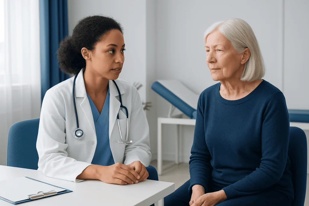 Doctor consulting with an elderly female patient in a medical office.