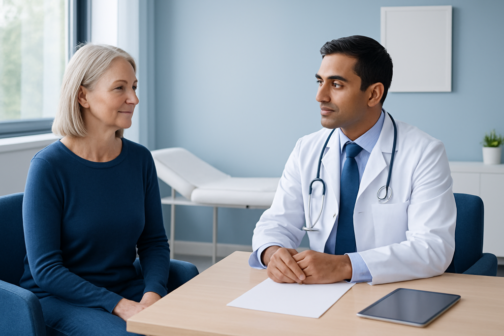 Doctor consulting with an elderly female patient in a modern clinic.