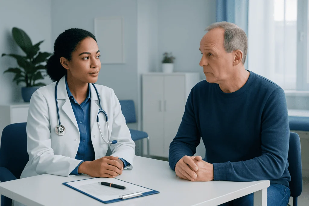 Doctor consulting with a male patient in a modern clinic setting.