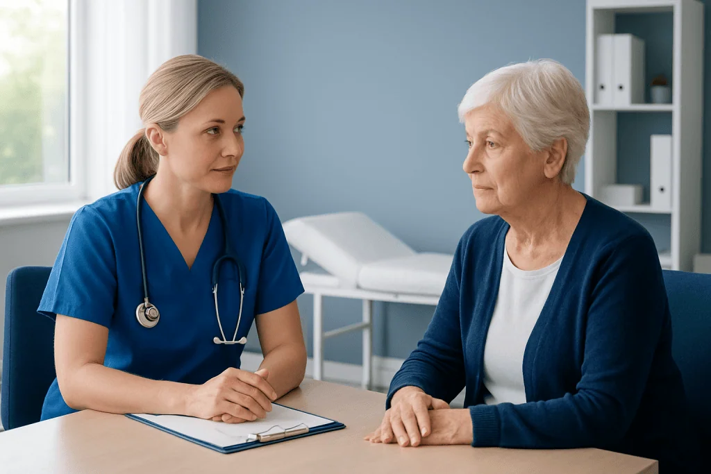 Nurse consulting with elderly patient in a medical office.