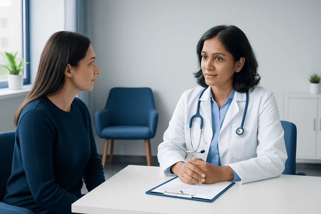 Doctor consulting with a patient in a modern medical office.