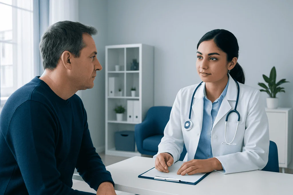 Doctor consulting with patient in a modern medical office.