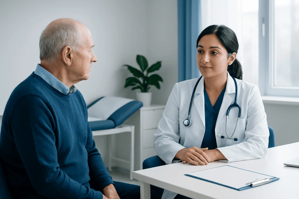 Doctor consulting with elderly patient in a medical office.