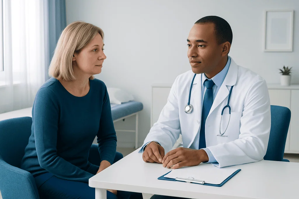 Doctor consulting with a female patient in a medical office.
