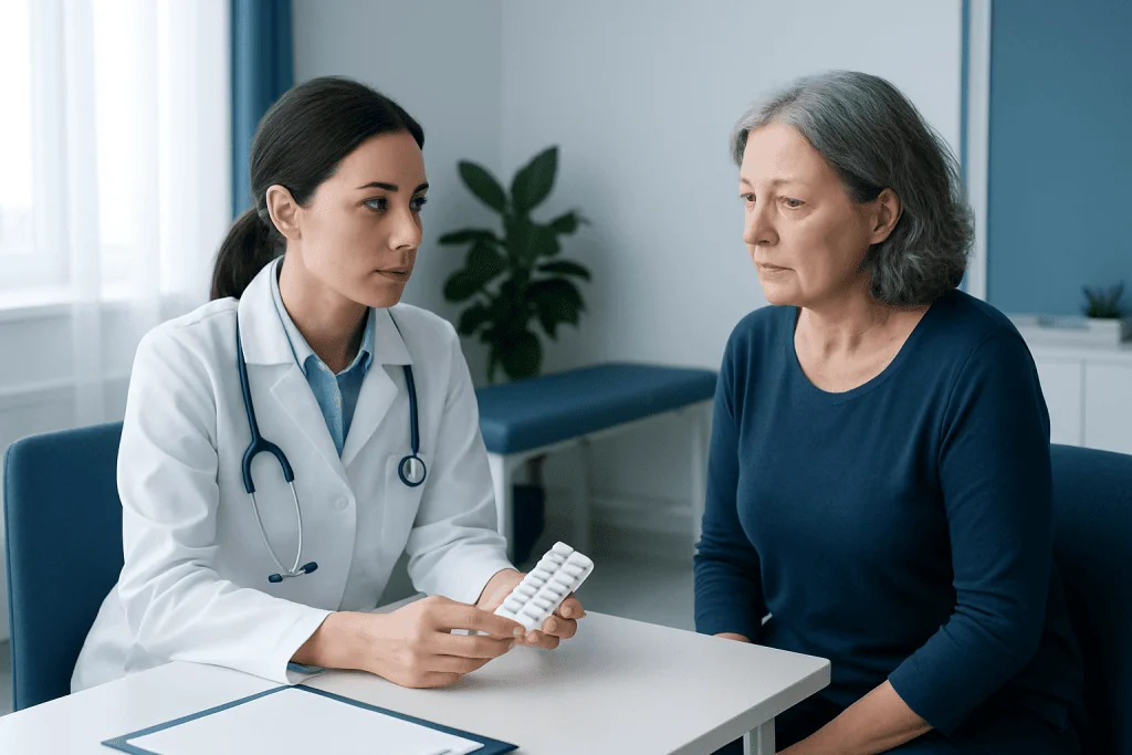Doctor explaining medication to an elderly patient in a clinic setting.