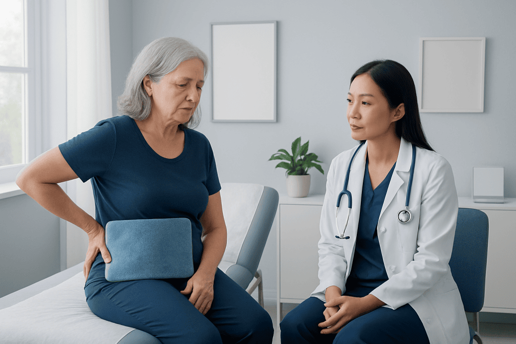 Doctor consulting an elderly woman with back pain in a medical clinic.