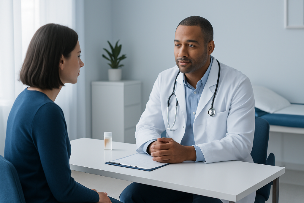 Doctor consulting with a patient in a modern medical office.