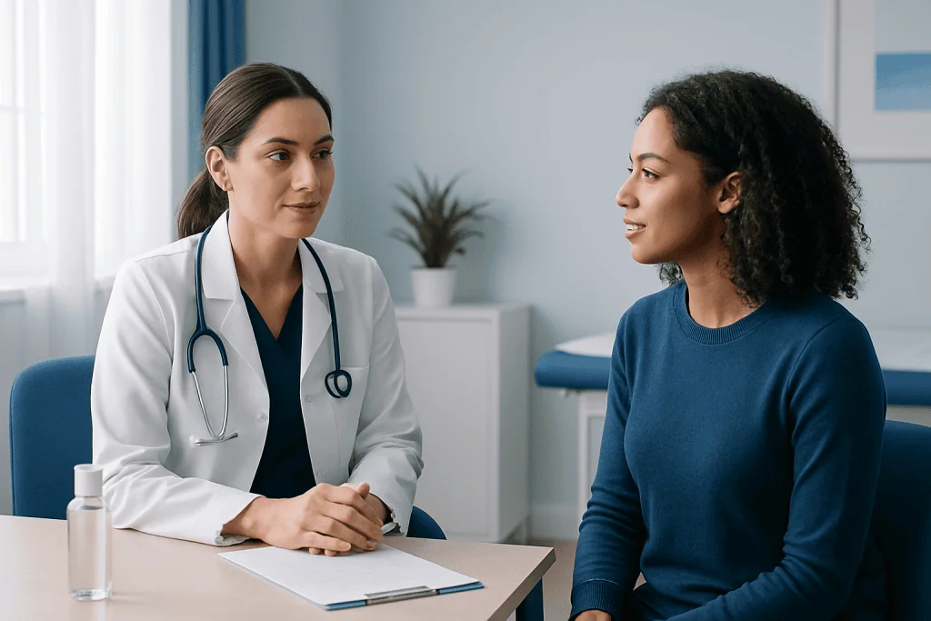 Doctor consulting with a patient in a medical office setting.