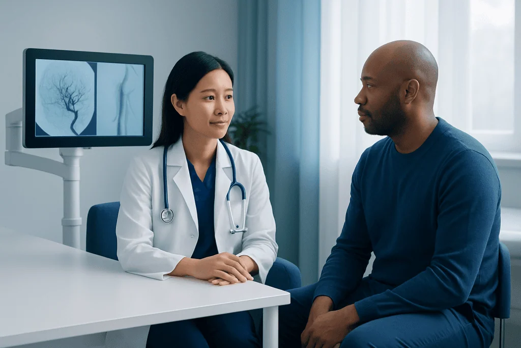 Doctor consulting with patient in a medical office with angiography images on screen.