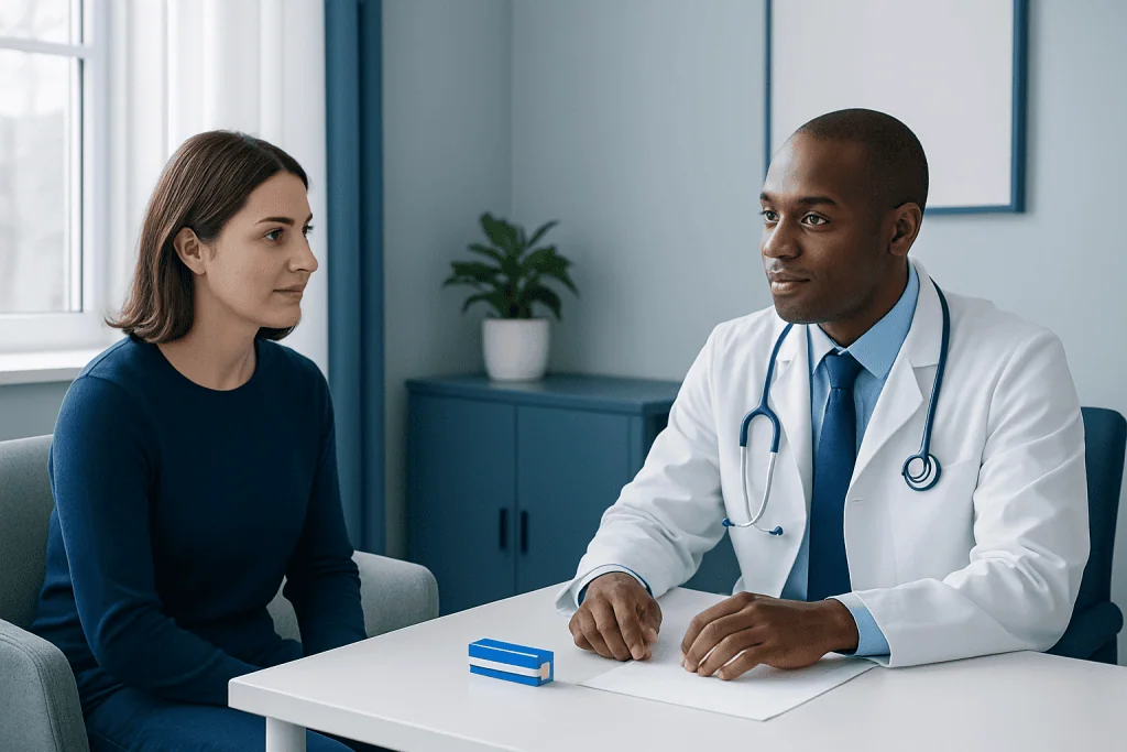 Doctor consulting with a patient in a medical office setting.