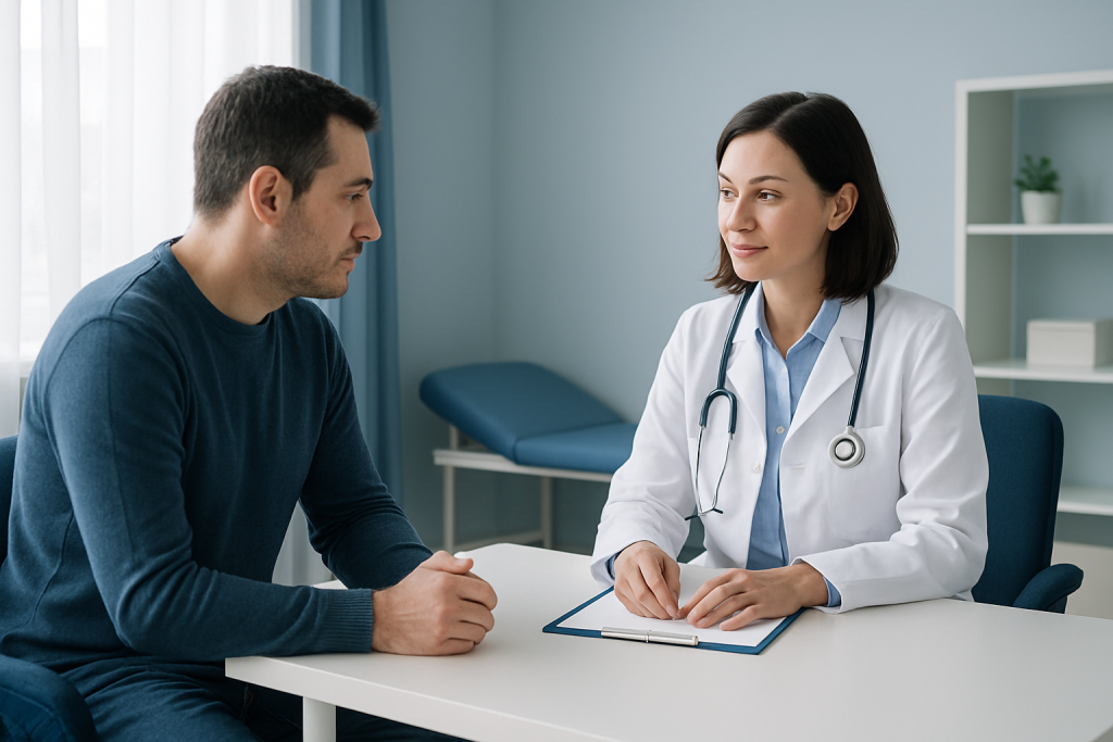 Doctor consulting with patient in a medical office setting.