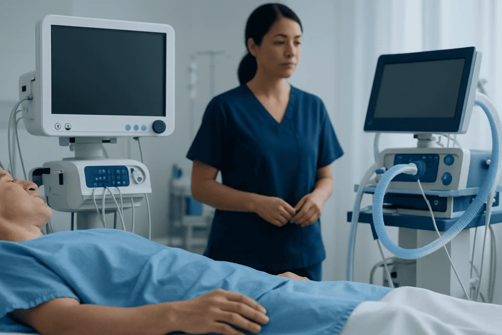 Healthcare professional monitoring patient in hospital room with medical equipment.