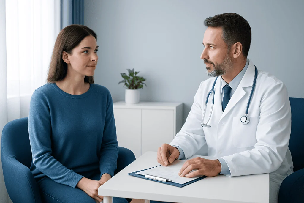 Doctor consulting with a female patient in a modern clinic setting.