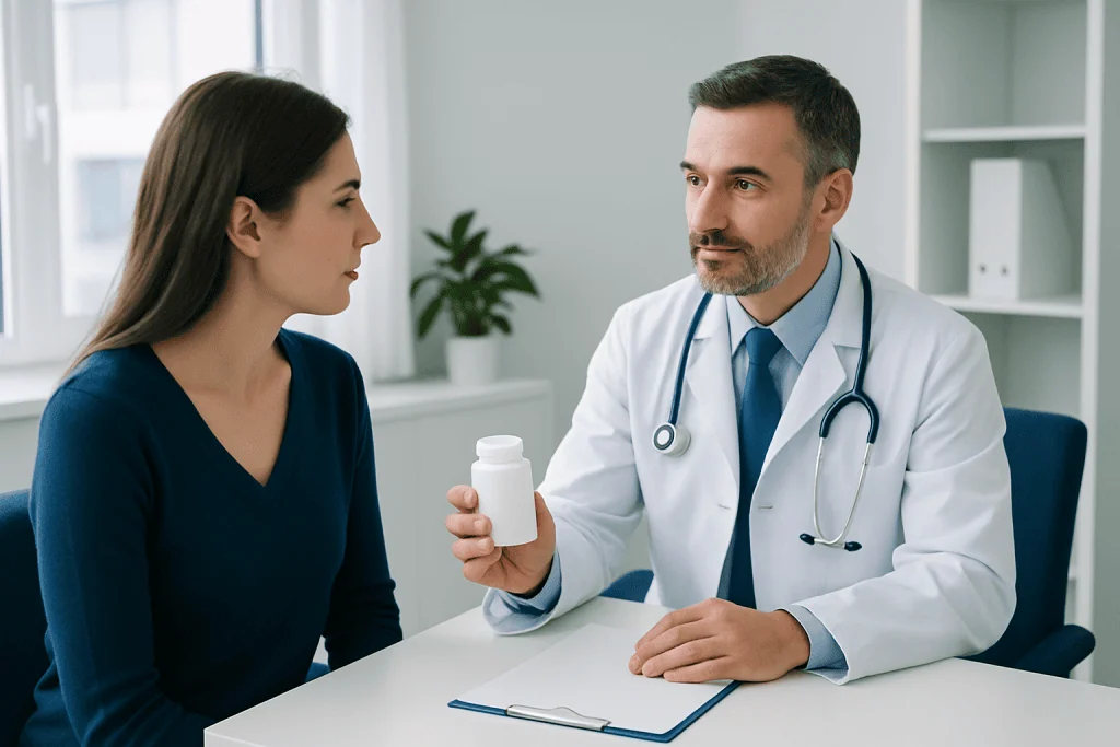 Doctor explaining medication to a patient in a clinical setting.
