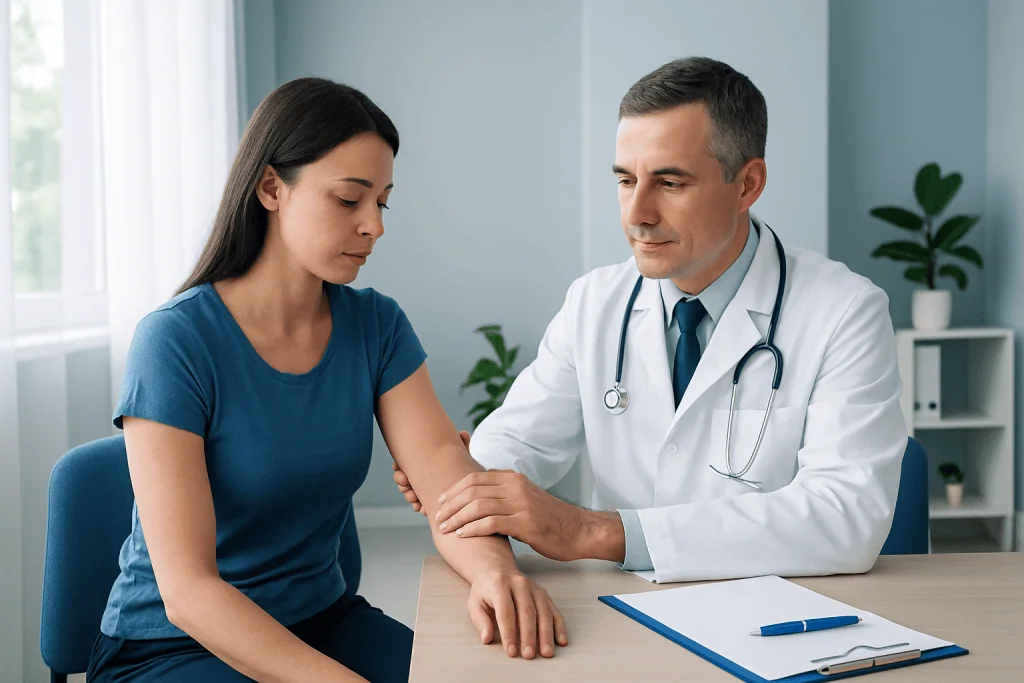 Doctor examining patient's arm in a medical consultation at Acibadem Hospital.