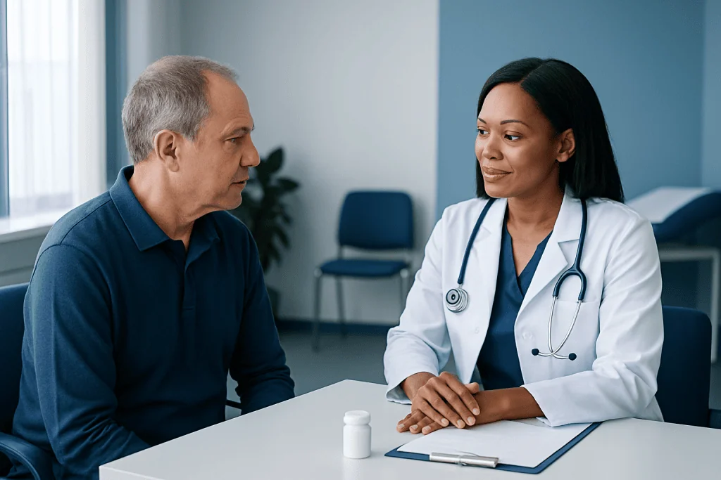 Doctor consulting with an older male patient in a medical office setting.