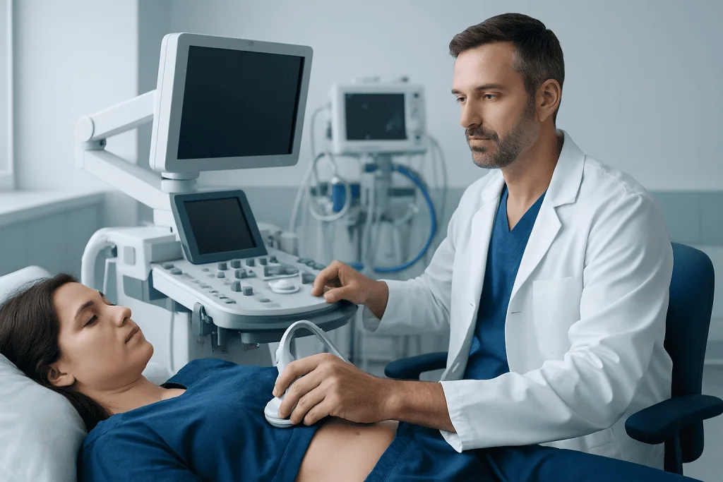 Doctor performing an ultrasound examination on a patient in a hospital room.
