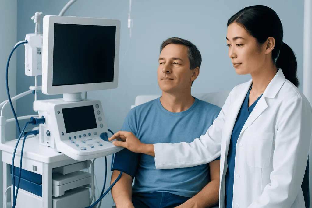 Doctor performing an ultrasound exam on a male patient in a hospital room.