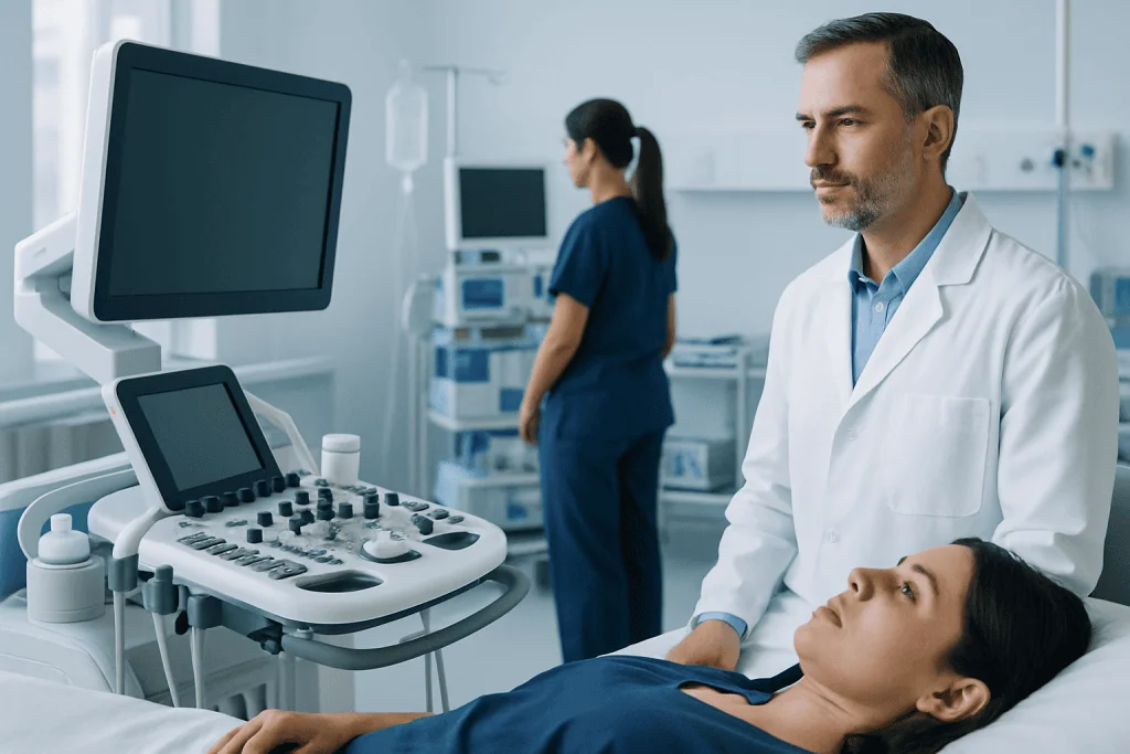 Doctor performing ultrasound examination on patient in hospital.