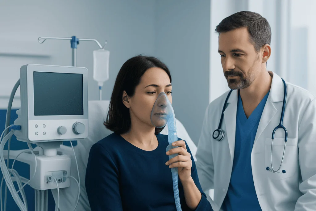 Patient using inhaler in hospital room with doctor nearby.