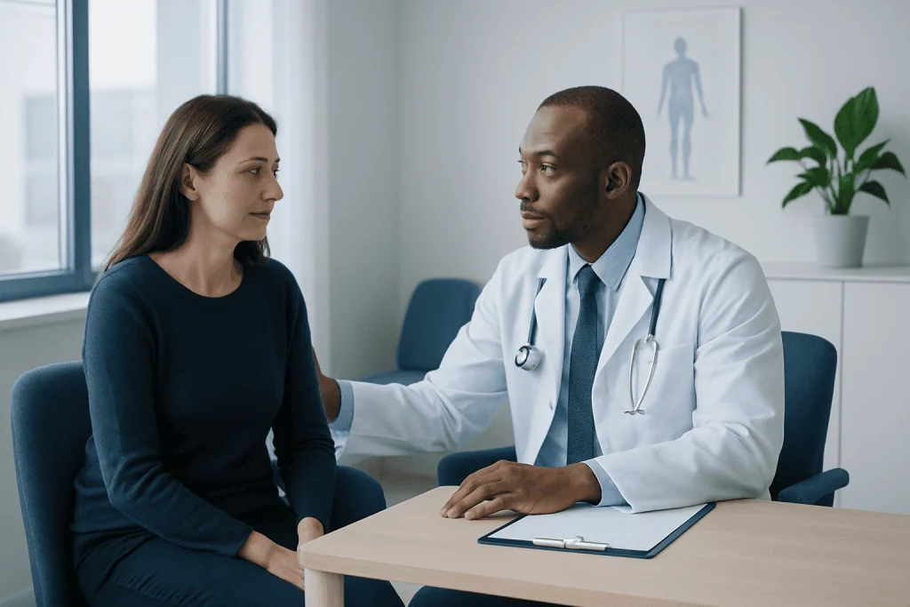 Doctor consulting with a female patient in a modern medical office.