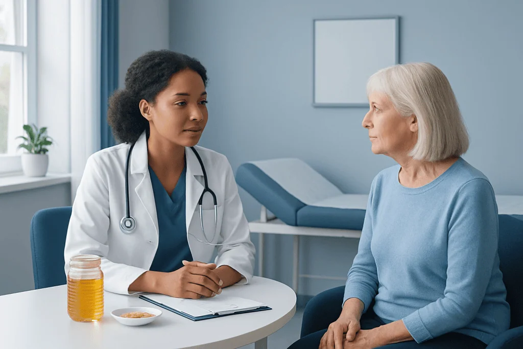 Doctor consulting with an elderly patient in a medical office.