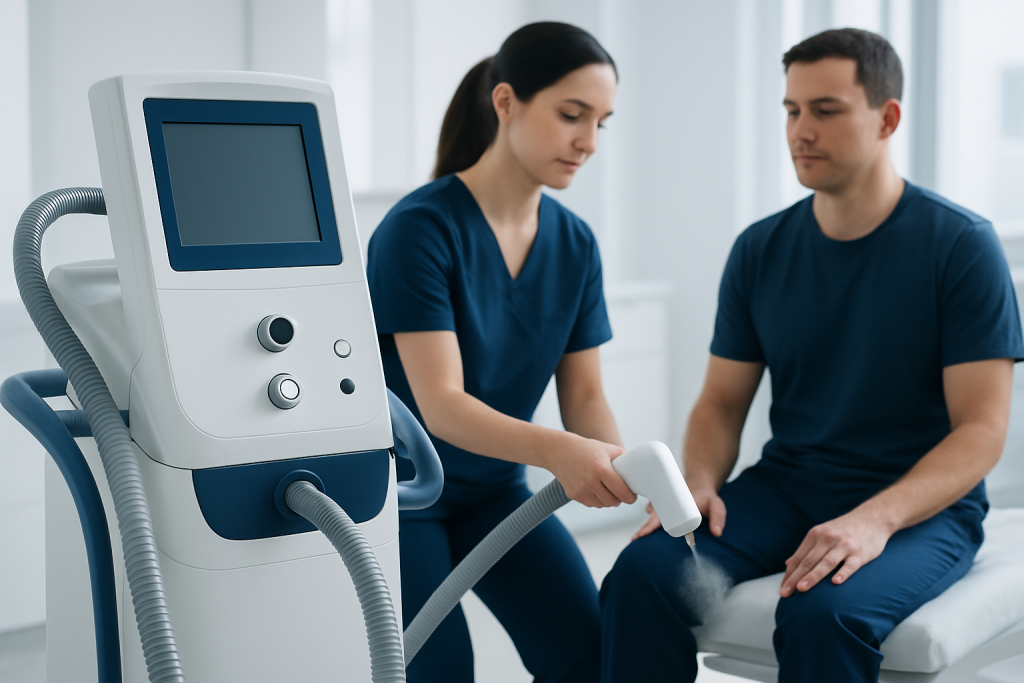 Medical professional performing cryotherapy treatment on patient in clinic.