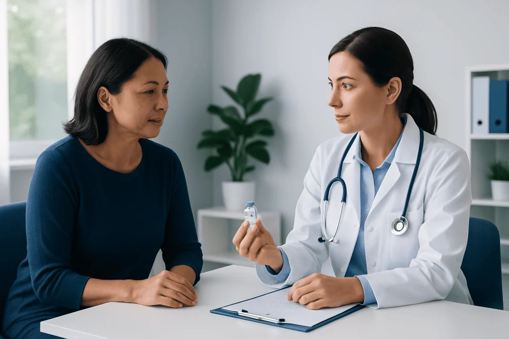 Doctor explaining medication to a patient in a clinic setting.