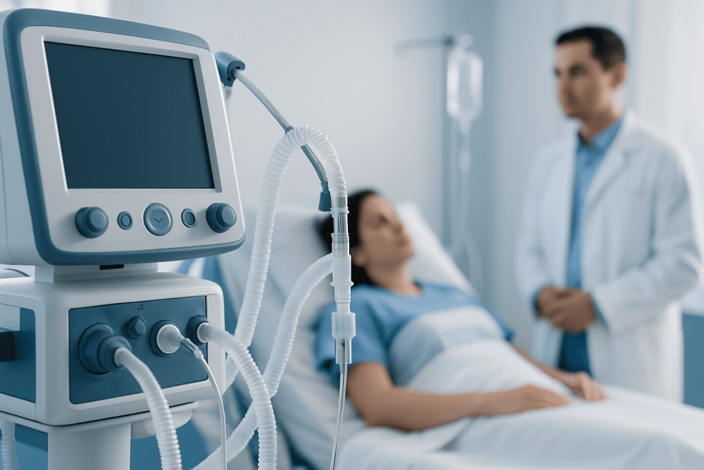 Medical ventilator in hospital room with patient and doctor.