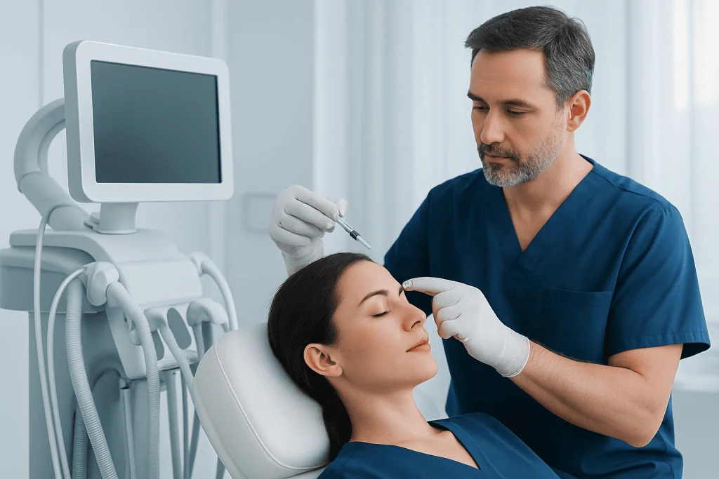 Doctor administering Botox injection to a woman in a clinical setting.