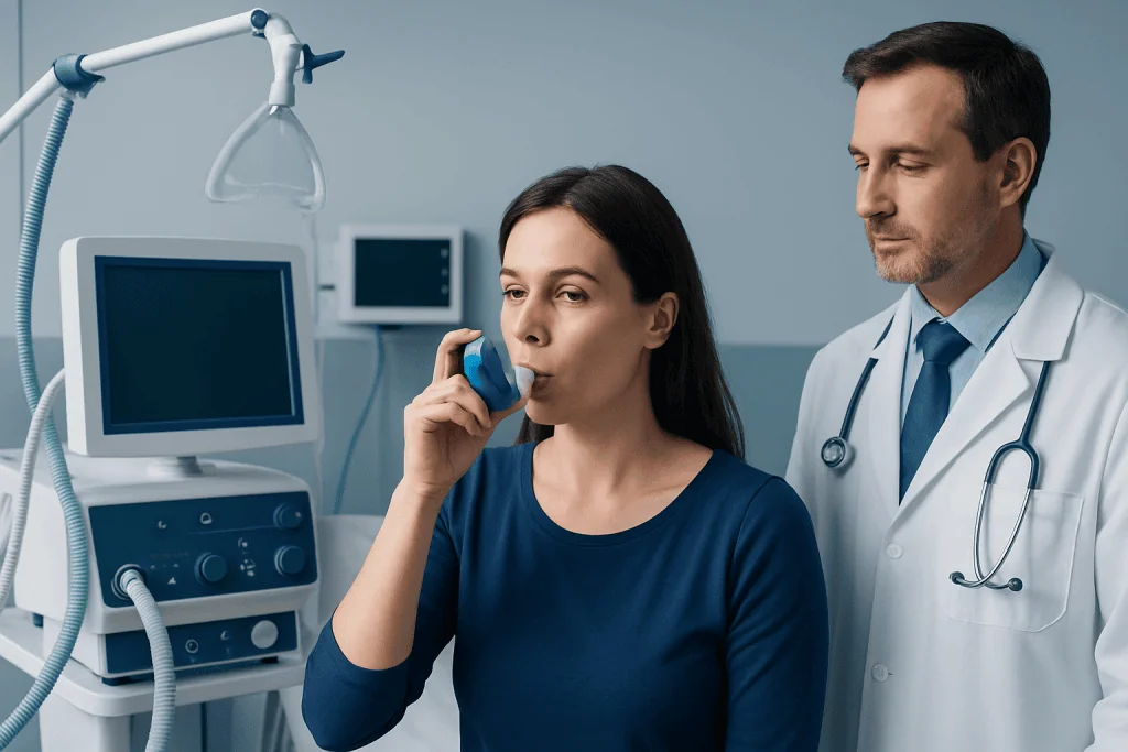 Patient using inhaler with doctor in hospital setting.