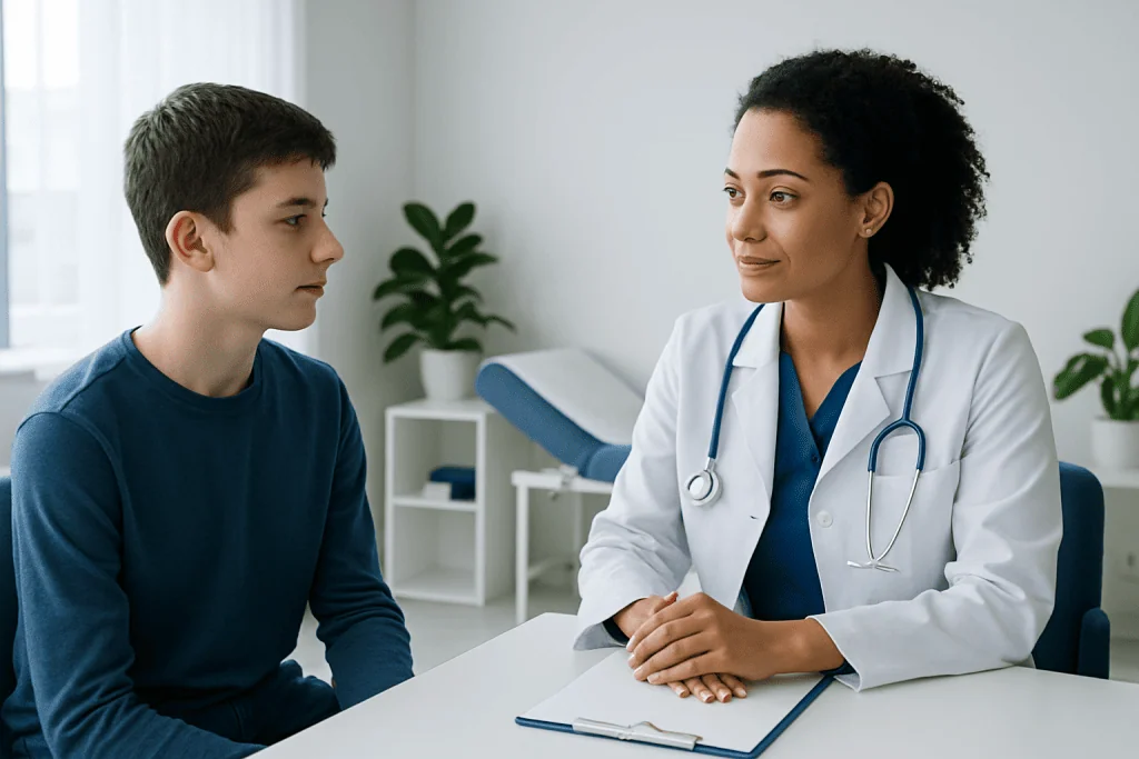 Doctor consulting with a young male patient in a medical office.