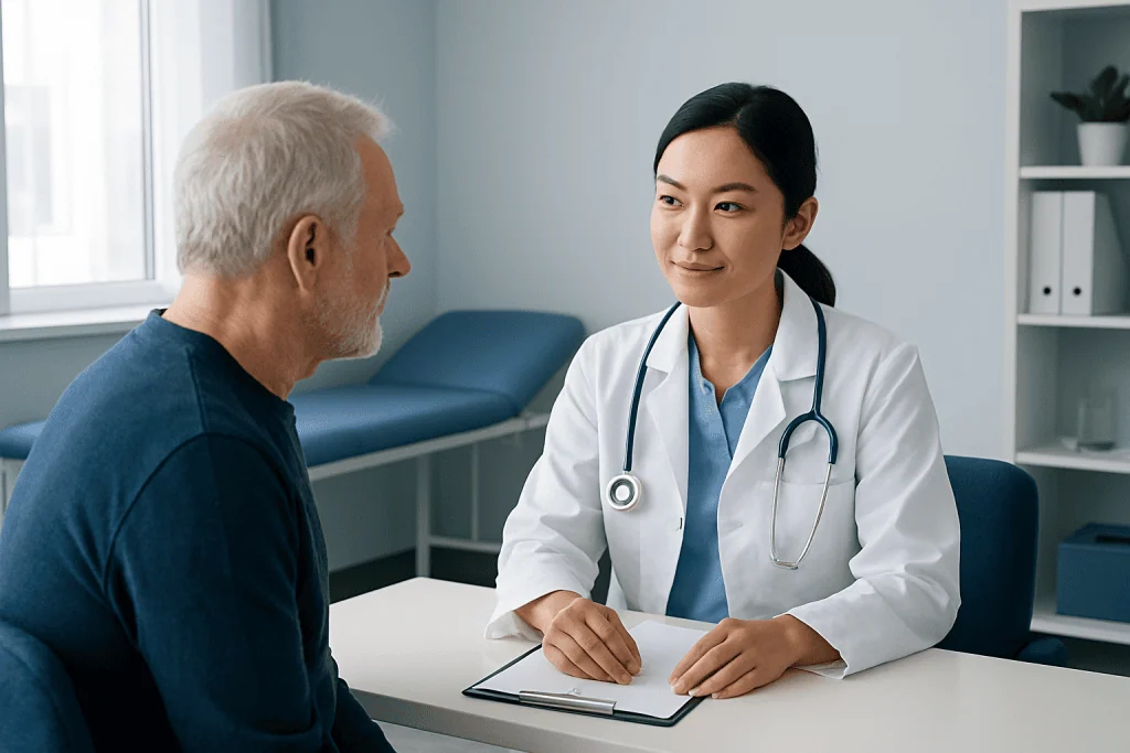 Doctor consulting with an elderly male patient in a medical office.