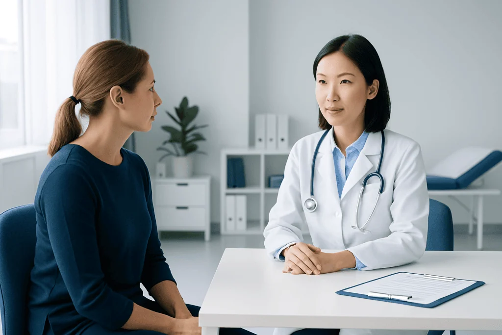 Doctor consulting with a patient in a modern medical office.