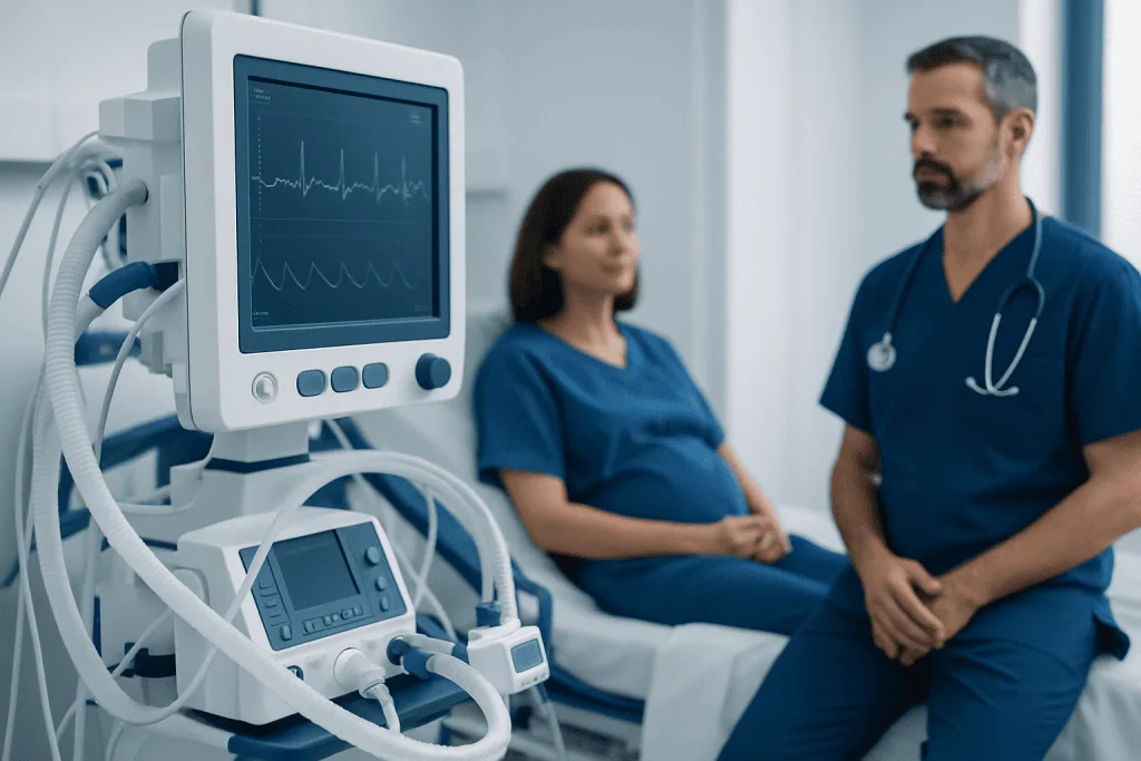 Medical professionals monitoring a patient with a heart rate monitor in a hospital.