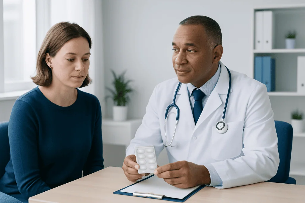 Doctor consulting with a female patient about medication in a clinic setting.