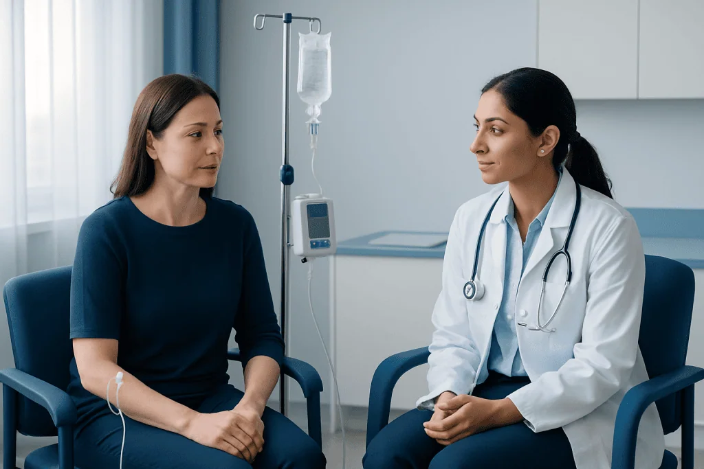 Doctor consulting with a patient in a hospital room with infusion therapy equipment.