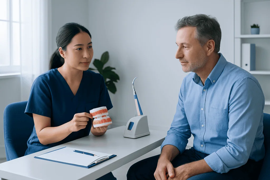 Dentist explaining dental implant options to a patient in a clinic.