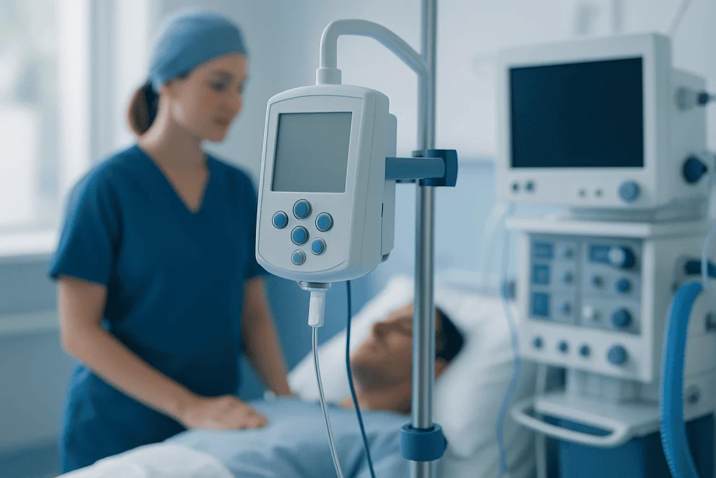 Medical professional monitoring patient with hospital equipment in a clinical setting.