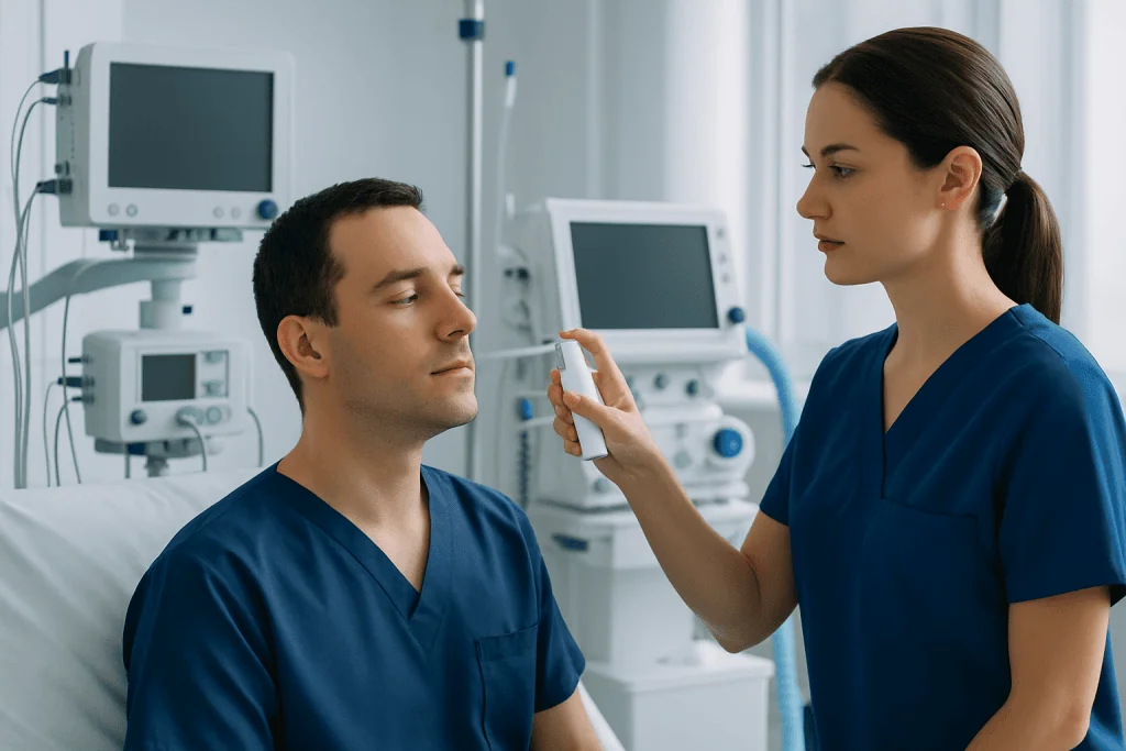 Medical professional administering nasal spray to patient in hospital setting.