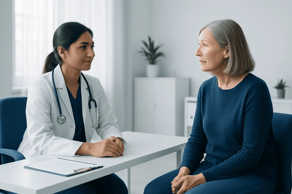 Doctor consulting with an elderly female patient in a medical office.