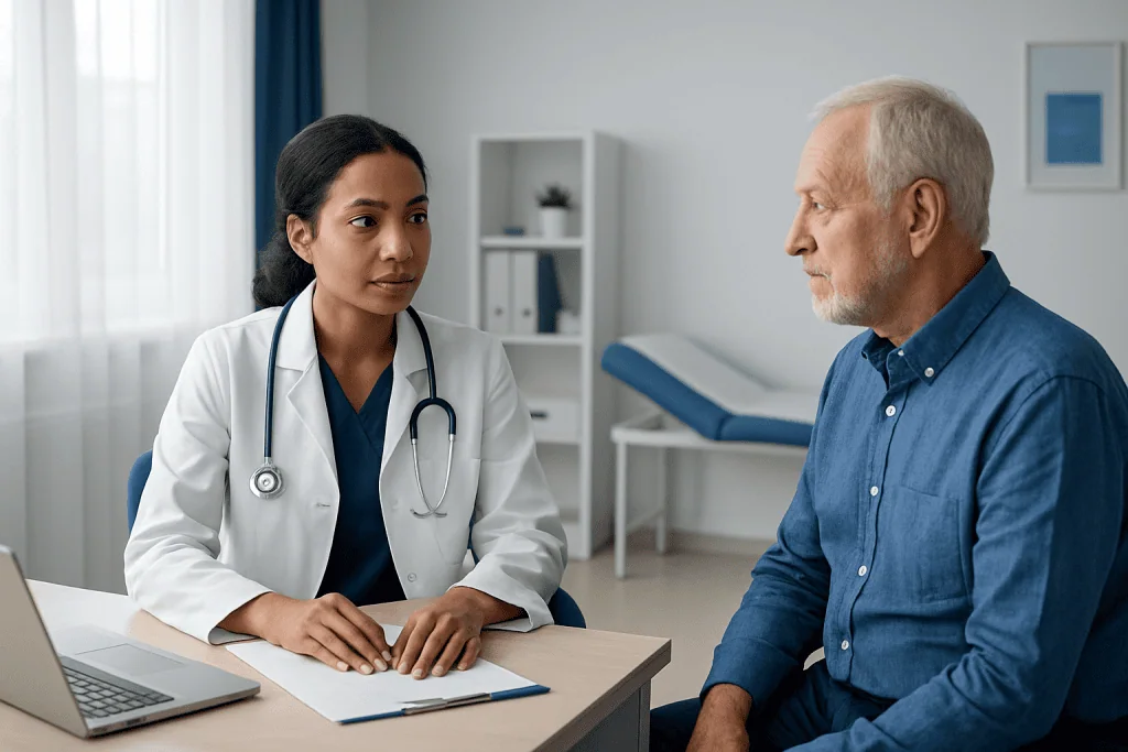 Doctor consulting with an elderly male patient in a hospital room.