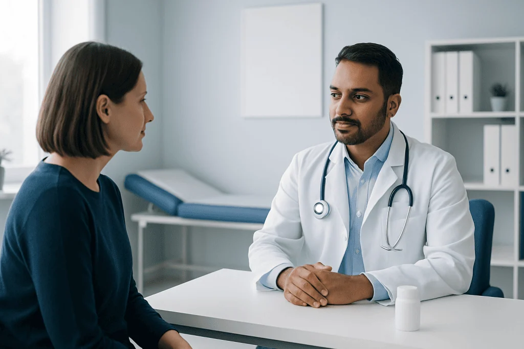 Doctor consulting with a female patient in a modern medical office.