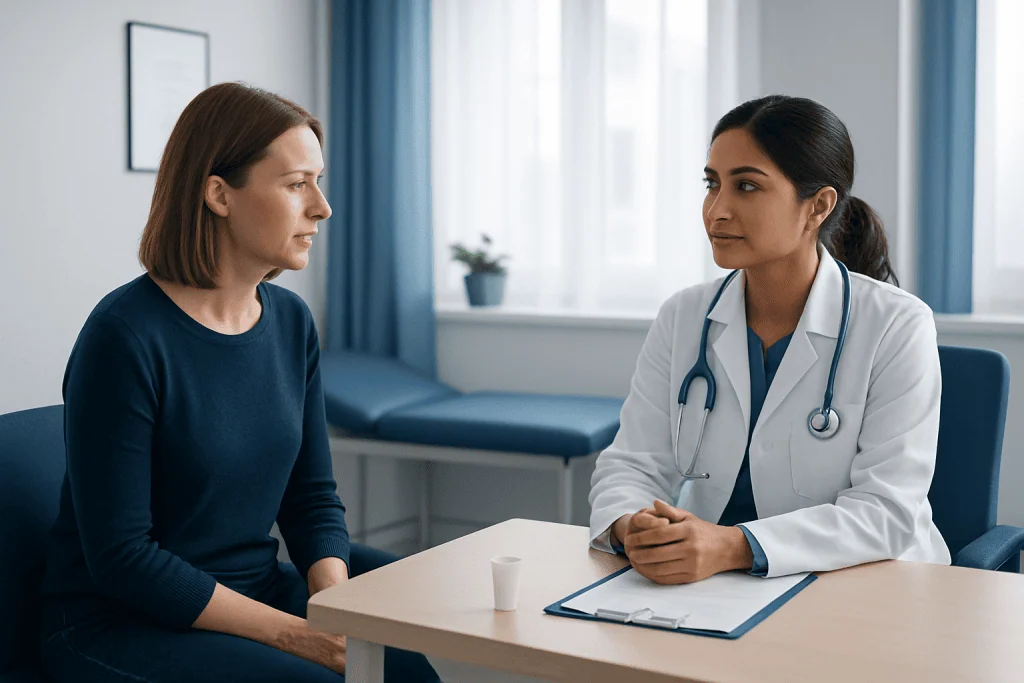 Doctor consulting with a female patient in a medical office setting.