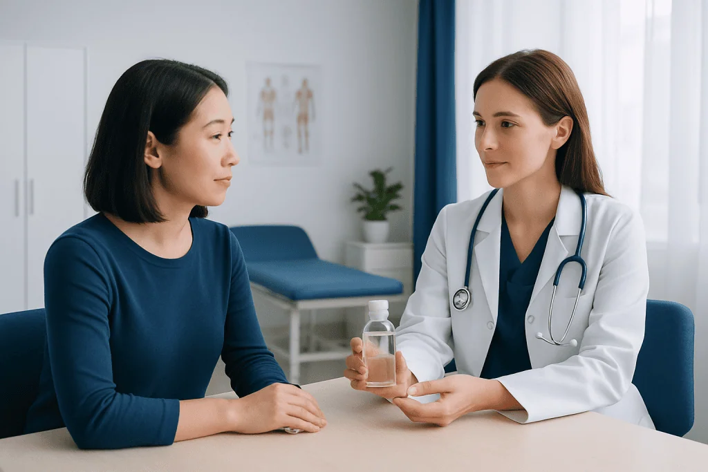 Doctor explaining medication to patient in a clinical setting.