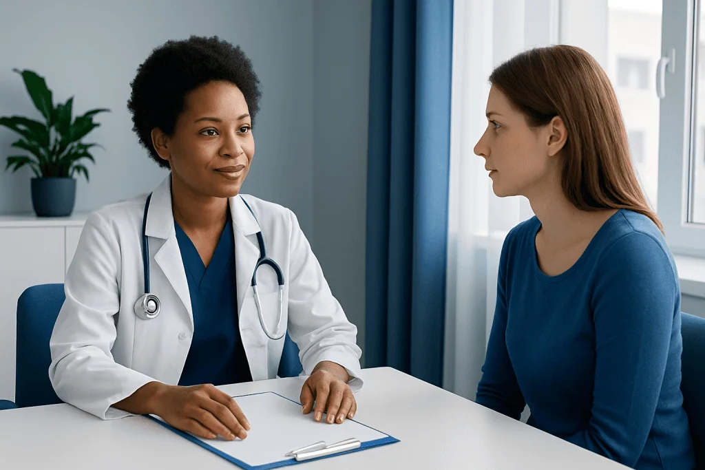 Doctor consulting with a patient in a medical office setting.
