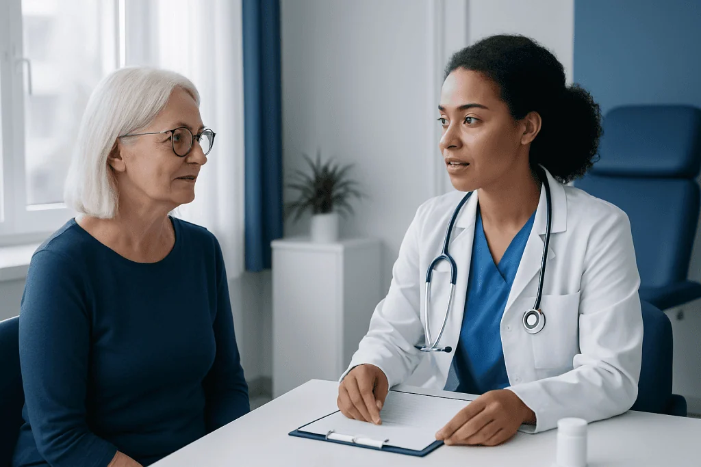 Doctor consulting with an elderly female patient in a medical office.
